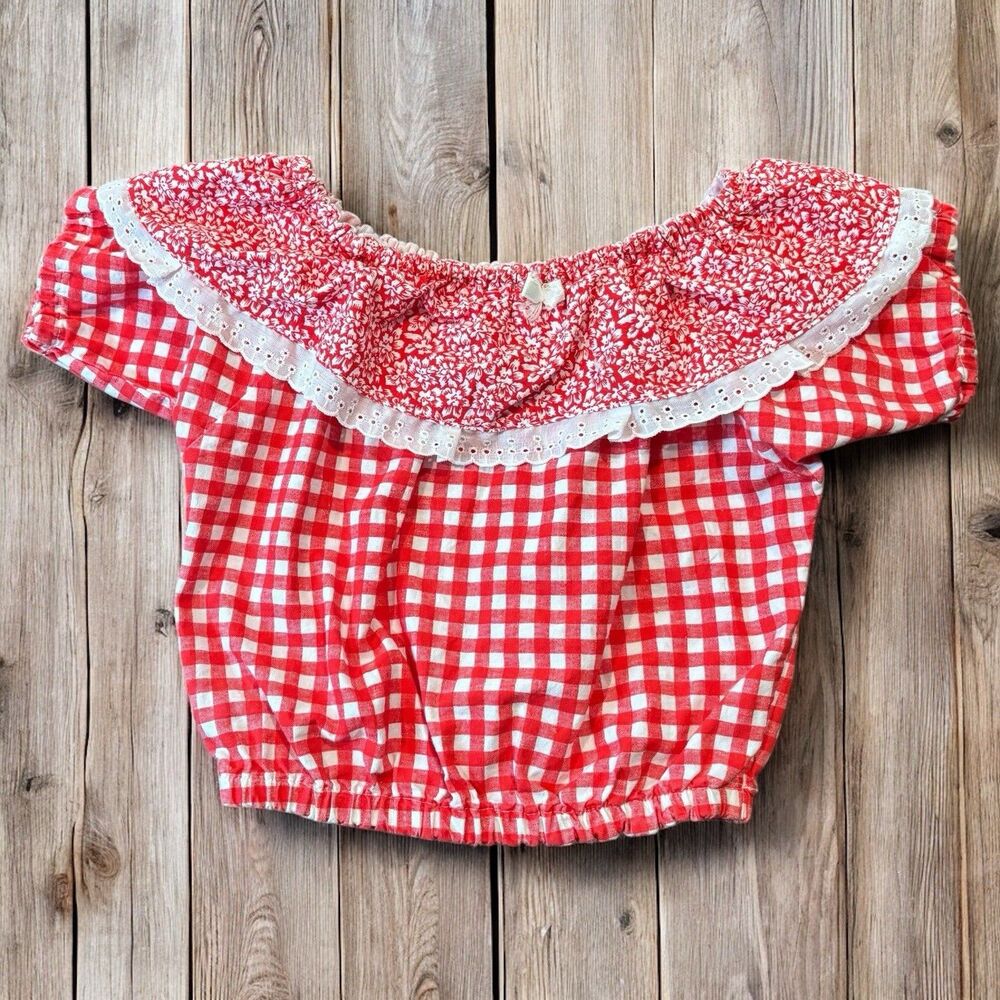 Vintage Bonjour Girls Peasant Top Red Gingham  Eyelet Lace Y2K Cottagecore 10/12
